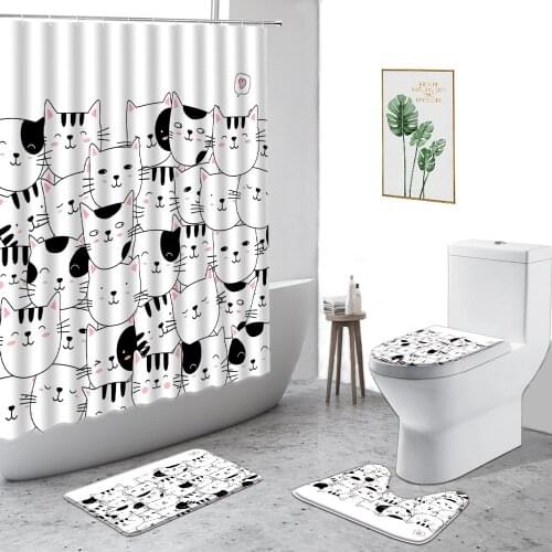 Cute Black White Cat Shower Curtain Elephant Penguin Cartoon Animal Children Bathroom 4-Piece Waterproof Bath Curtains With Hook