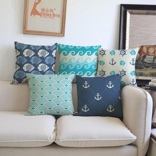 The Sea Waves Nautical Anchor Rudder Fish Geometric Stripe Love Patter Pillow Case Home Sailing Sofa Decoration Cushion Cover