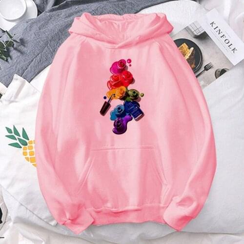 New Kpop Women Pink Hoodie Harajuku Nail polish Print Fashion Casual Long Sleeved Pullover Sweatshirt Female Streetwear Clothing