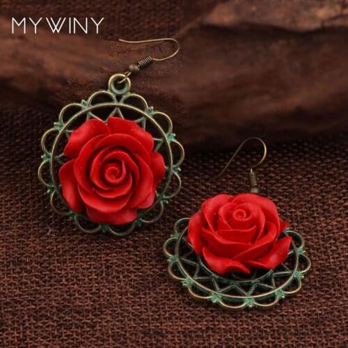 New lapis carved lacquerware rose dangle earrings,handmade vintage earrings ,New Original hollow ethnic jewelry exotic earrings