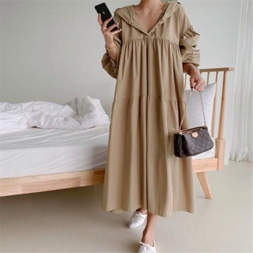 2021 early spring simple solid cascading pleated hoodies down solid long dress simple classic retro temreprament dress 2021 new