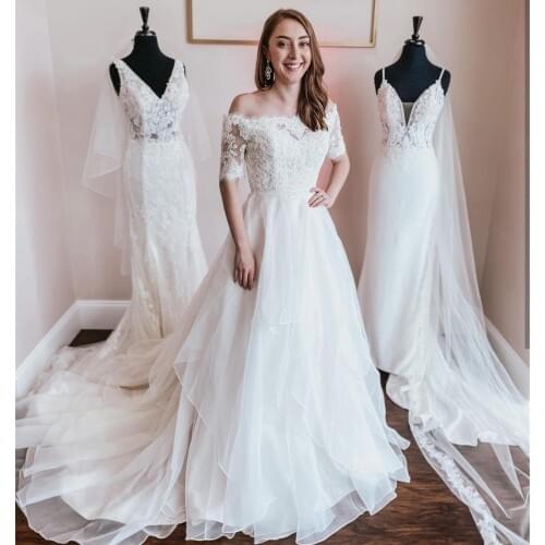 Princess Wedding Dress Half Sleeve 2021 White Lace Appliques Floor Length Gorgeous For Bride Organza Elegant Crystal Beading