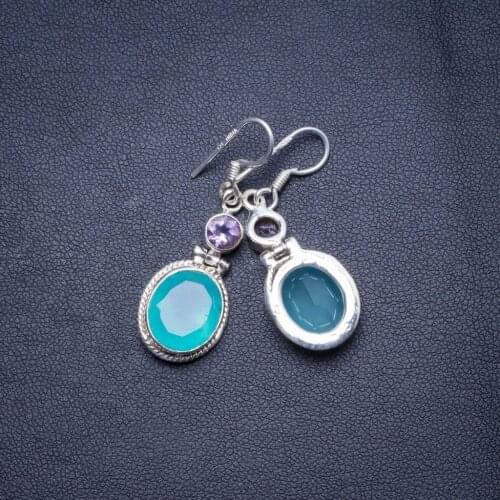 Natural Chalcedony and Amethyst Handmade Unique 925 Sterling Silver Earrings 1.5" X4632