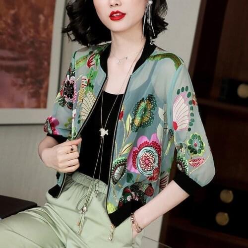 2021 Spring Summer Women Baseball Coat Sun Protection Printed Jacket Lady Thin Tops Plus Size Three Quarter Sleeve Skin Clothes