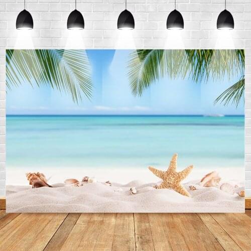 Mehofoto Vinyl Photography Backdrop Sandy Beach Photo Background Summer Blue Sky Sea Backdrop Shell Conch Props Palm Tree