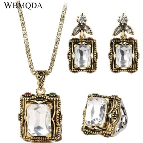 Wbmqda Luxury 3 Pcs/lot Vintage Wedding Jewelry Sets Fashion White Black Glass Antique Gold Ring Necklace Earrings For Women