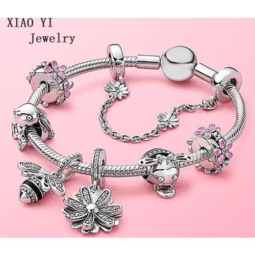 XIAOYI 2020 new style 100% s925 Spring pink flower series sweet bee rabbit garden high quality fashion bracelet jewelry female