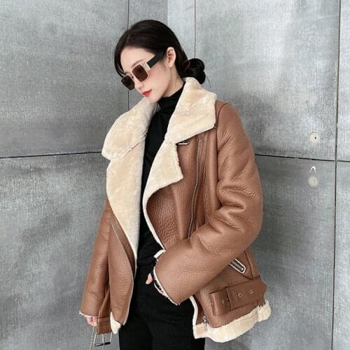 LY VAREY LIN Winter Women Warm Thick Outerwear Faux Lamb Leather Coat Moto Outwear Wool Parkas Fur Collar Zipper Jacket