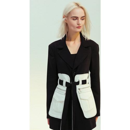 Women Self-design Fake 2 Piece Slim Blazer Suits Long Sleeve Vintage Black White Contrast Patachwork Waisted Jackets Outfits
