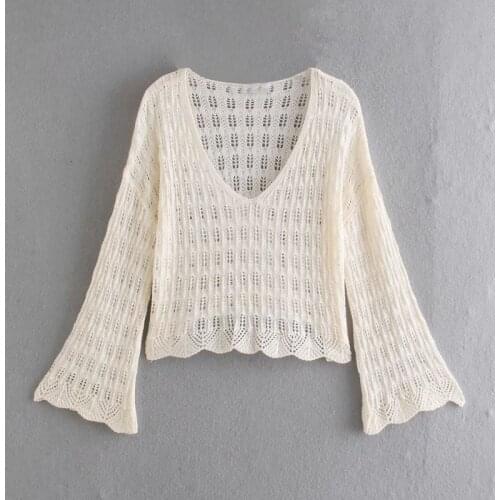 Hollow out knitted sweater women long sleeve autumn flare sleeve loose sweater v neck sexy casual sweater