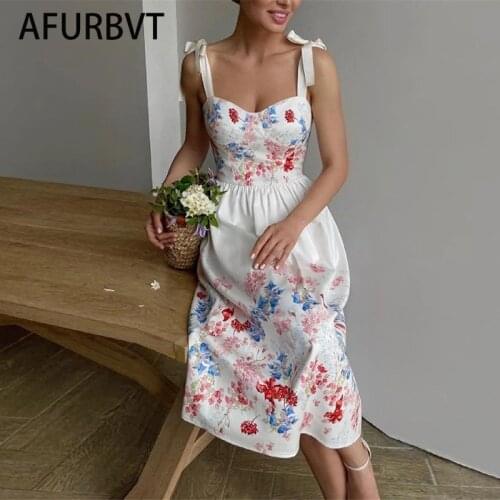 Womens White Midi Dress Sleeveless Sexy Shouders Knotted High Waist Spaghetti Strap Dresses Split 2021 Summer Elastic Clothes