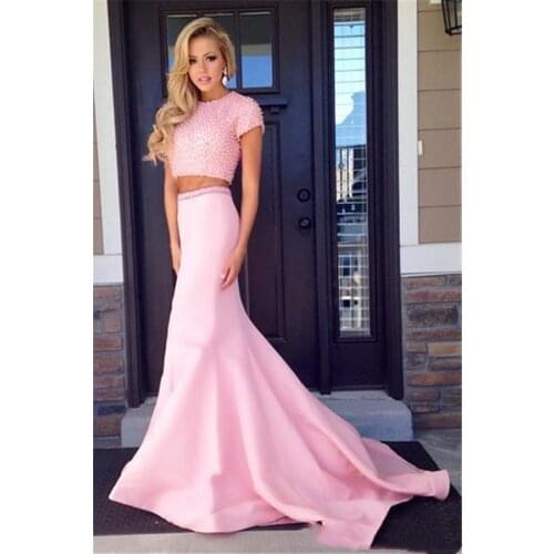 2020 Pink Two Pieces Evening Prom Dresses Mermaid Beaded Capped Sleeve Formal Gown Short Sleeves Women Pageant Floor Length