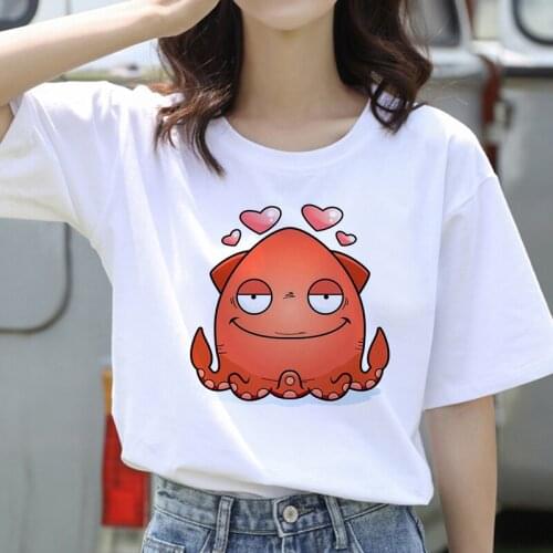 Funny octopus Cartoon T-Shirt Women Graphic Tee Female T Shirt White Tshirt Summer Tops Round Neck T-shirts Women Clothing