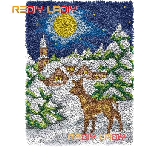 Latch Hook Rug Winter Deer Crocheting Wall Tapestry Kits DIY Carpet Rug Chunky Yarn Needlework Knitted Floor Mat Hobby & Crafts