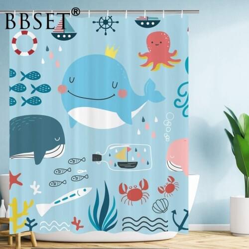 Cute Whale Kids Shower Curtain Cartoon Colorful Ocean Animals Pattern Waterproof Multi-size Cortina De Bano Bathroom Decor