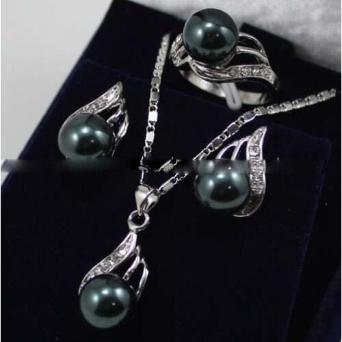 Womens Wedding Black South sea Shell Pearl Earrings Ring & Necklace Pendant Set 5.23 5.23 real new-jewelry new-jewelry