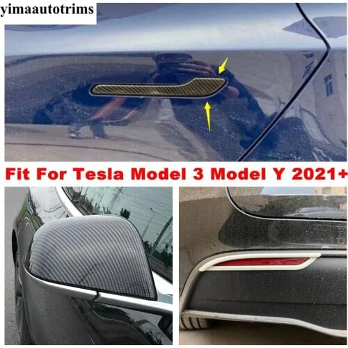 Rearview Mirror / Handle Grab / Rear Bumper Fog Light Cover Trim Carbon Fiber Look Accessories For Tesla Model 3 Model Y 2021