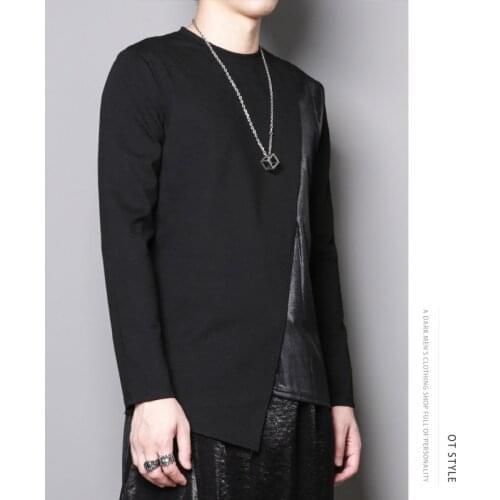 Autumn clothing dark design trend splicing slim mens inner tie-up bottom round neck thick long-sleeved t-shirt