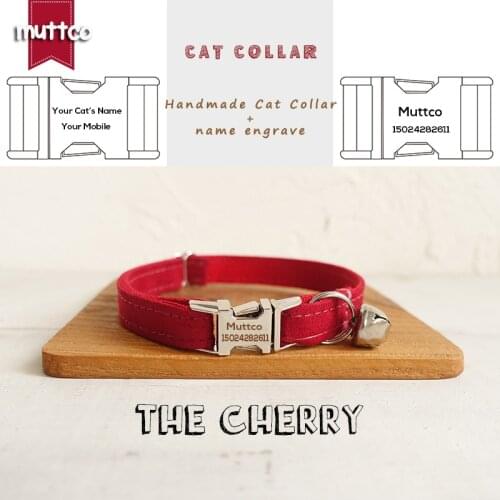 MUTTCO retailing special self-design handmade engraved metal buckle cat collar THE CHERRY canvas cat collar 2 sizes UCC020
