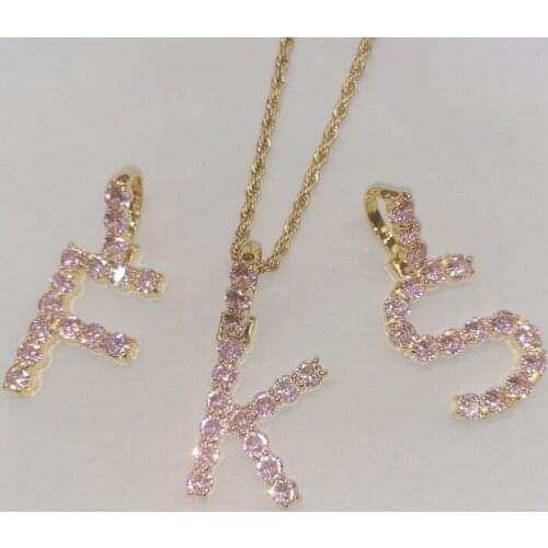 Pink Color Letters Pendant with Rope Chain Zircon Letters Pendant for Women Men Hip Hop Jewelry
