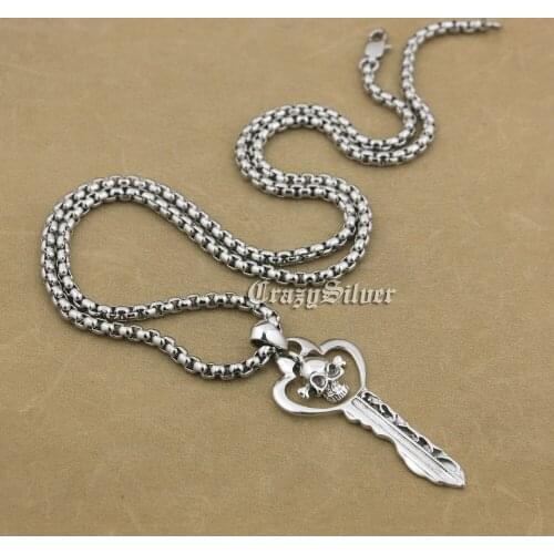 Skull Key 925 Sterling Silver Mens Biker Rocker Punk Pendant 9V014 (Necklace 26 inches)