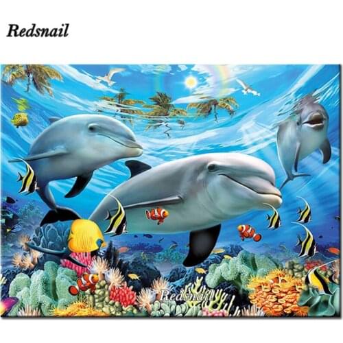 Full Square round Diamond Painting Dolphin animal ocean Diamond Embroidery Cartoon 5D DIY Diamond Mosaic Rhinestone Home EE312
