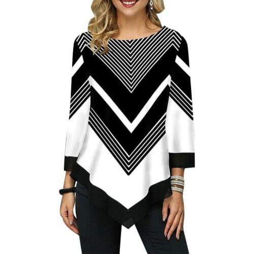 Casual Comfortable Women Autumn 3/4 Sleeve V Shape Stripes Print Irregular Hem Loose shirt