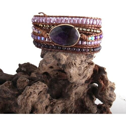 RH Fashion Beaded Armbander Purple/Gray Crystal Natural Stones Charm 5X Strands Wrap Bracelets DropShipping