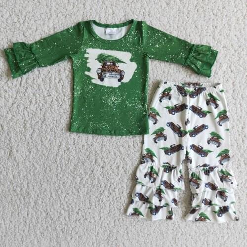 Little Baby Girl Christmas Clothing Cute Truck Tree Green Long Sleeves Top Ruffle Pants Children Outfit Clothes Kids Set