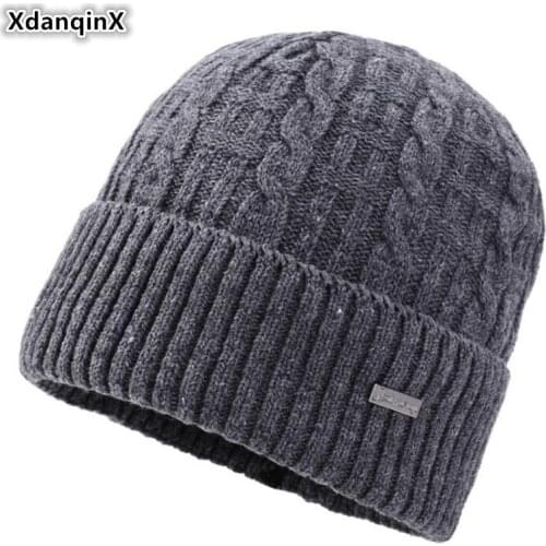 XdanqinX 2019 Winter New Style Men Warm Knitted Hats Beanie Hat Thick Velvet Earmuffs Caps Mens Wool Beanies Ski Cap Dads Hat