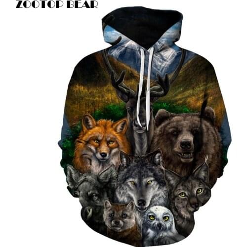 3D Animal Printed Hoodies Men Women Sweatshirts Bear Wolf Owl Fox Pullover Novelty Tracksuits Fashion Casual Hooded Streetwear