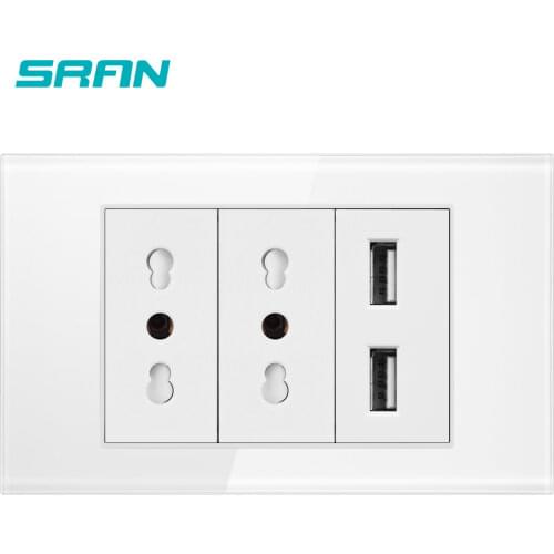SRAN Italy Standard 2gangs 3 Pins 16A with USB Socket ,crystal Glass panel Without Plug 118mm*72mm ,No logo