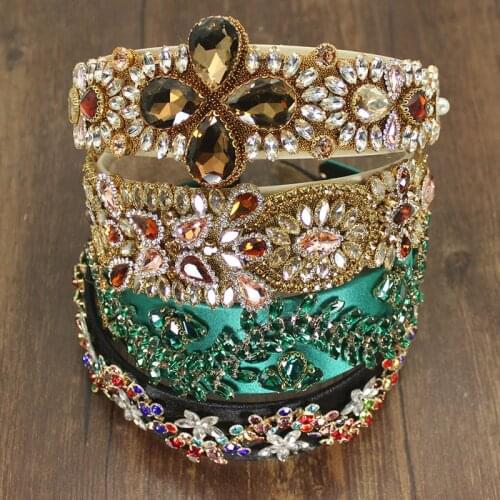 Vintage Bohemia Big Green Champagne Crystal Rhinestones Headdress Flower Tiara Luxury Headpiece Accessories For Womens Wedding