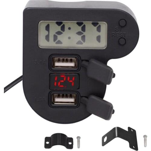 Waterproof 12V 24V Motorcycle Dual USB Charger With Time Clock LED Voltmeter ON OFF Switch Power Adapter for Mobile Phone GPS Ta