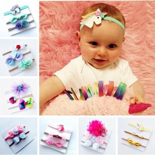 Yundfly 3pcs/set Kids Unicorn Headband Set Ribbon Hair Bow Nylon Girls Hairbands Headwear Set Birthday Gifts Party Supplies