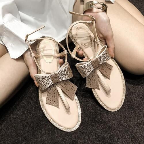 Women Shoes Summer Sandals Flat Bling T Strap Solid Rhinestone Butterfly Knot Sweet Dress Ladies Shoes Femmes Sandales 2020