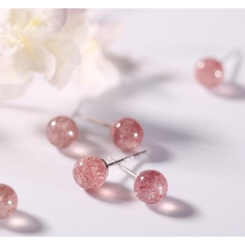 New Fashion Stud Earrings Cute Strawberry Quatrz Beads 100% 925 Sterling Silver Earrings Gemstone Earrings Female Fine Jewelry