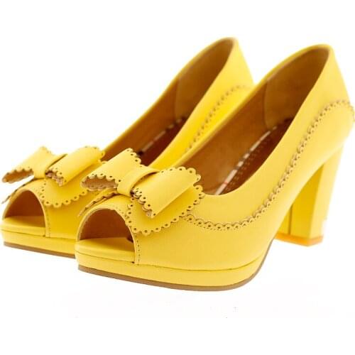 Women Pumps High Heels Platform Open Toe Bow Women Party Shoes Peep Toe High Heels Women Shoes Yellow Green Size 42 43 33 Spring