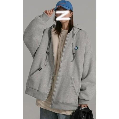 Autumn and winter oversize hooded color street Korean loose wild cardigan sweater Y2K jacket bar women plus velvet thick solid