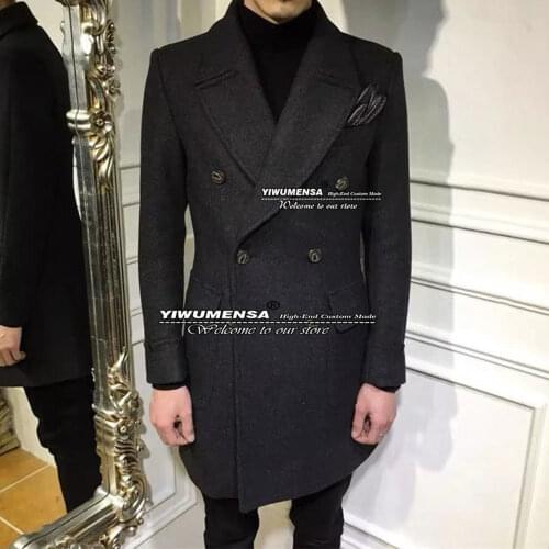 YIWUMENSA Slim Fit Formal Jacket Winter Double Breasted Wool & Blends Tweed Wollen Suits For Wedding Custom Made Grey Overcoat
