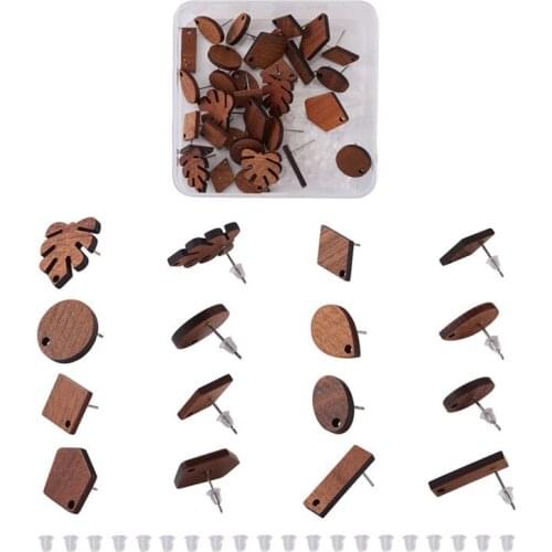 16 pairs/box Walnut Wood Stud Earring Findings Stainless Steel Pin Plastic Ear Nuts Mixed Shapes for Jewelry Making DIY Earring