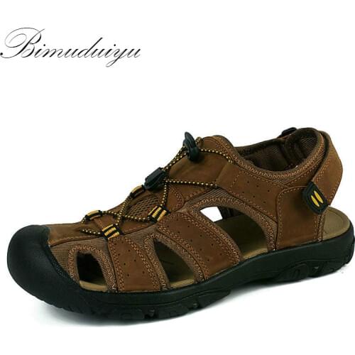 BIMUDUIYU Brand Toe Protect Mens Sandals Genuine Leather Soft Sole Casual Shoes Quality Summer Beach Shoes All Match Large Size