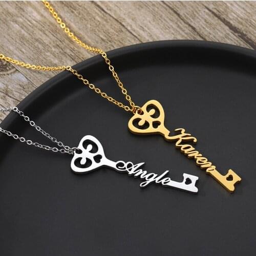 Custom Name Key Pendant Necklace For Unisex Gold stainless steel Chain Chokers Birthday Gifts collares Pendant Nameplate