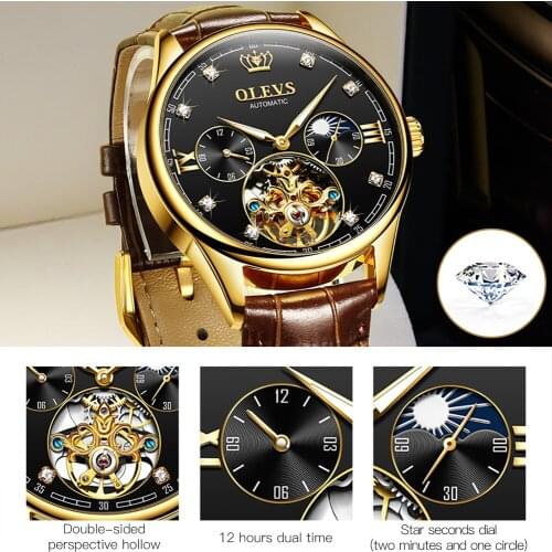 OLEVS Men Mechanical Watch Top Brand Luxury Automatic Watch Leather Waterproof Sports Moon Phase Wristwatch relogio masculino