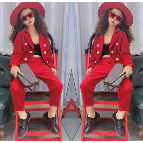 Girls Formal Blazer Suit Jacket + Pants 2pcs Dress Kids Wedding Party Clothing Set Teenager Girls School Performance Suit