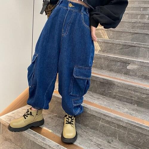 Baby Boys and Girls Workwear Jeans 2021 Fall New Big Childrens Loose and Wild Big Pockets Harem Pants Kids' Clothes Kids Pants