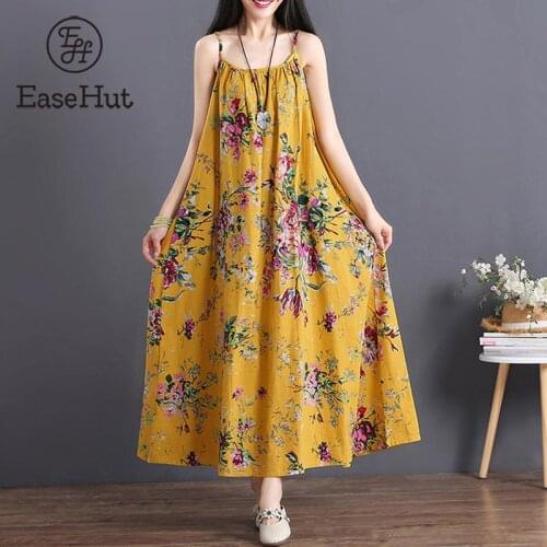 EaseHut Floral Dress Sleeveless Spaghetti Strap Boho Dress Women Cotton Linen Loose Pockets Maxi Long Dress Robe Femme Vestidos