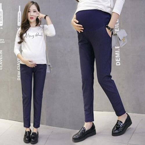 Vertical Stripes Cotton Belly Maternity Pants Elastic Waist Pencil Trousers Clothes for Pregnant Women Pregnancy Pants