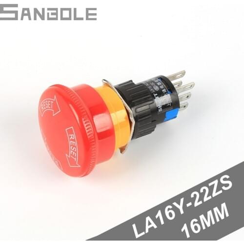 16MM Red Mushroom Head Emergency Stop Push Button Switch LA16Y-22ZS 6 Foot Insert Type Silver Contact 2NO2NC (5PCS)