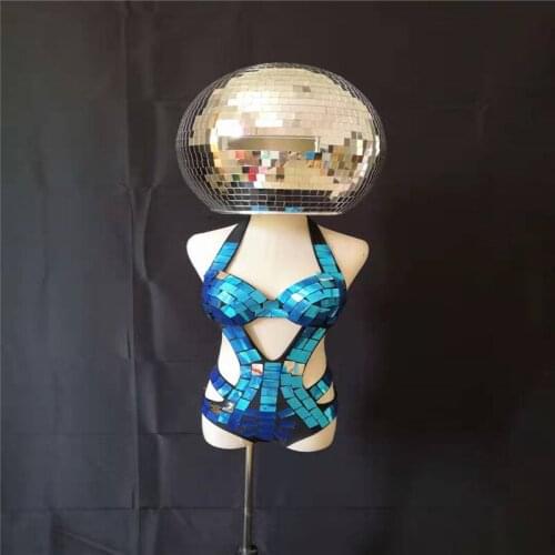 DC95 Party ballroom dance mirror bodysuit stage costumes dj mirror helmet catwalk outfit silver mirror dress women wears club dj